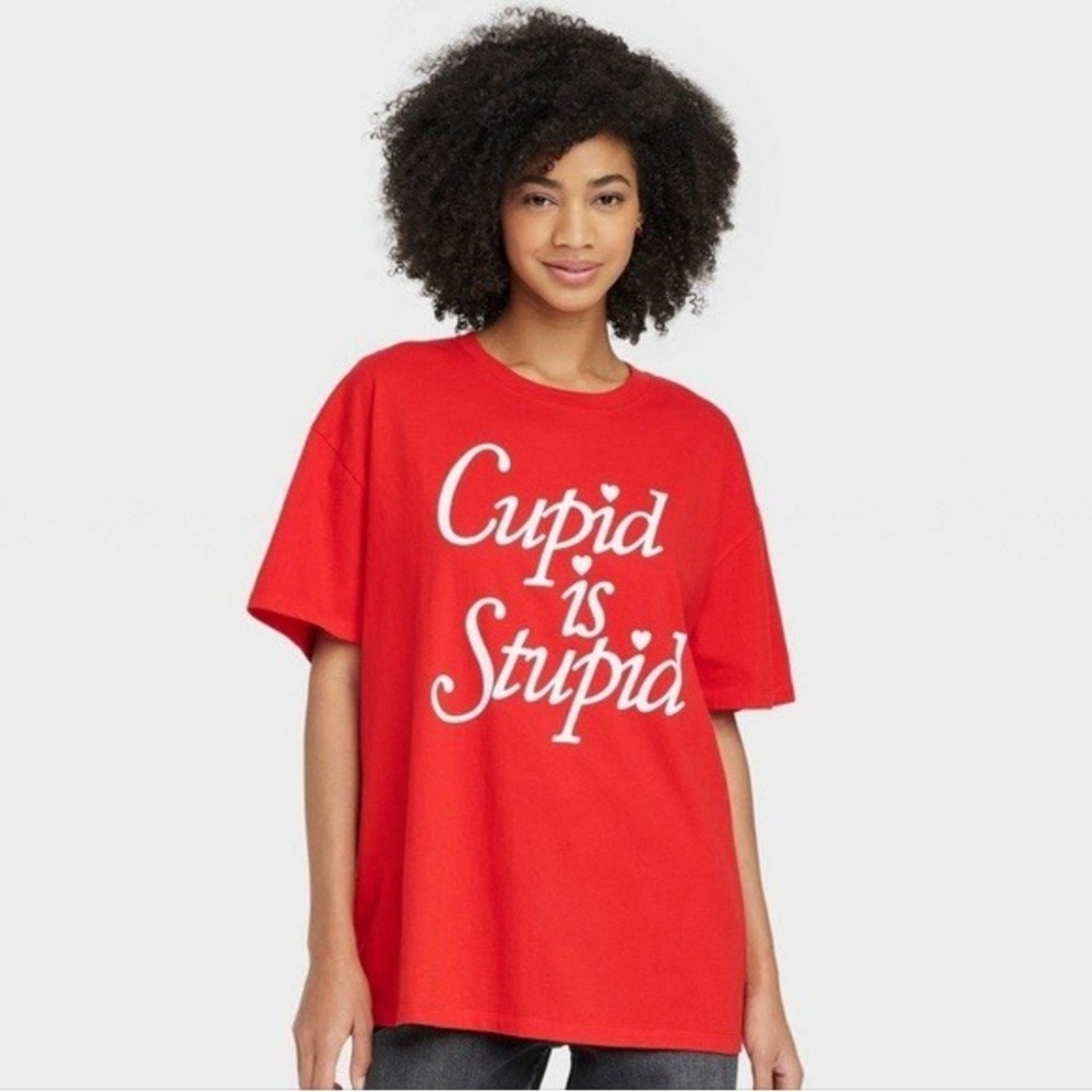 Mighty Fine Cupid Is Stupid‎ T-Shirt Womens Small Oversized Short Sleeve Red